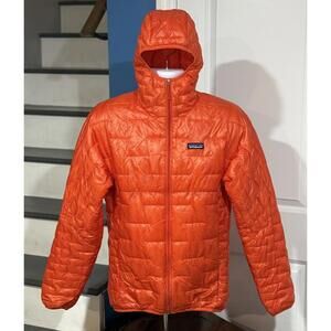 Men's Size Small Sunset Orange Patagonia Micro Puff Hooded Full Zip Jacket Coat